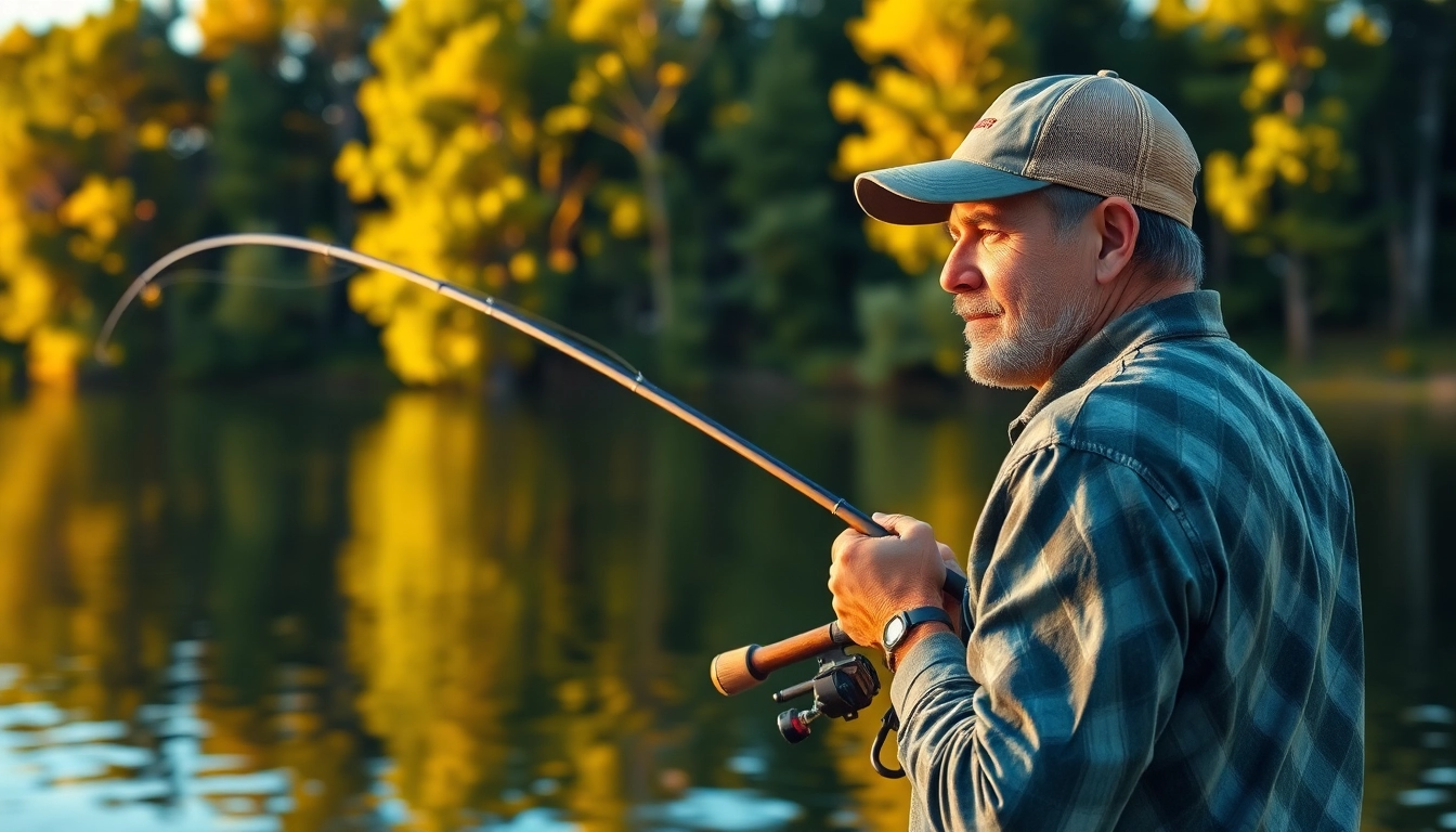 Angler casting for bass while fly fishing at sunset on a peaceful lake.