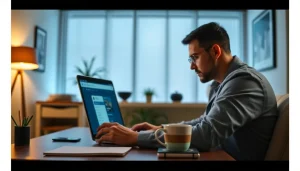 Searching OnlyFans profiles with a user-focused on a laptop in a modern workspace.