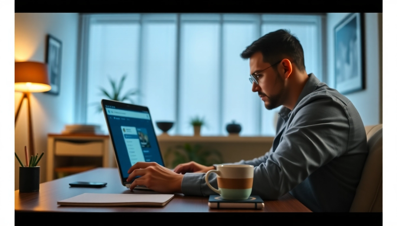 Searching OnlyFans profiles with a user-focused on a laptop in a modern workspace.