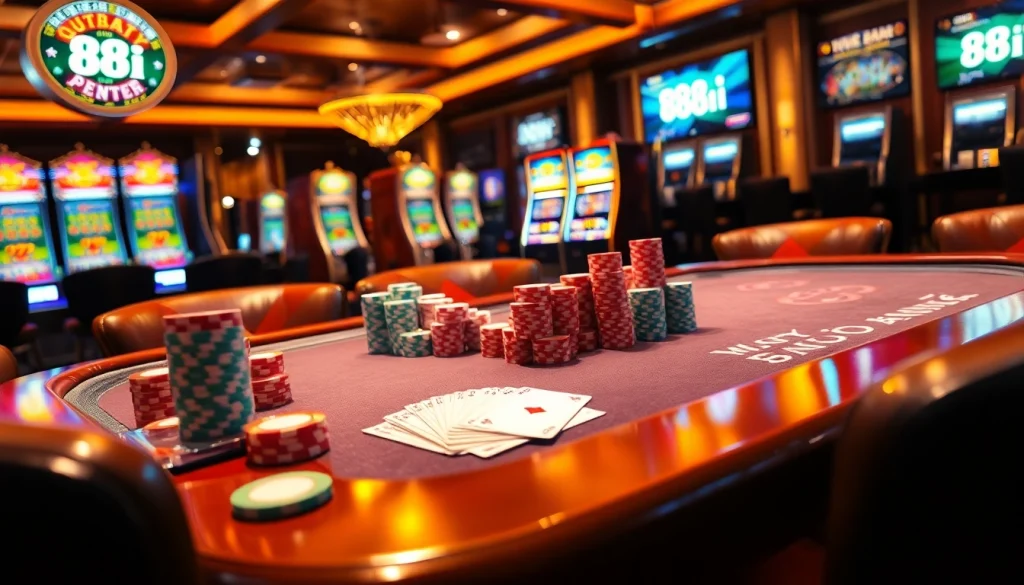 Engaging casino scene showcasing 88i poker chips on a vibrant table.