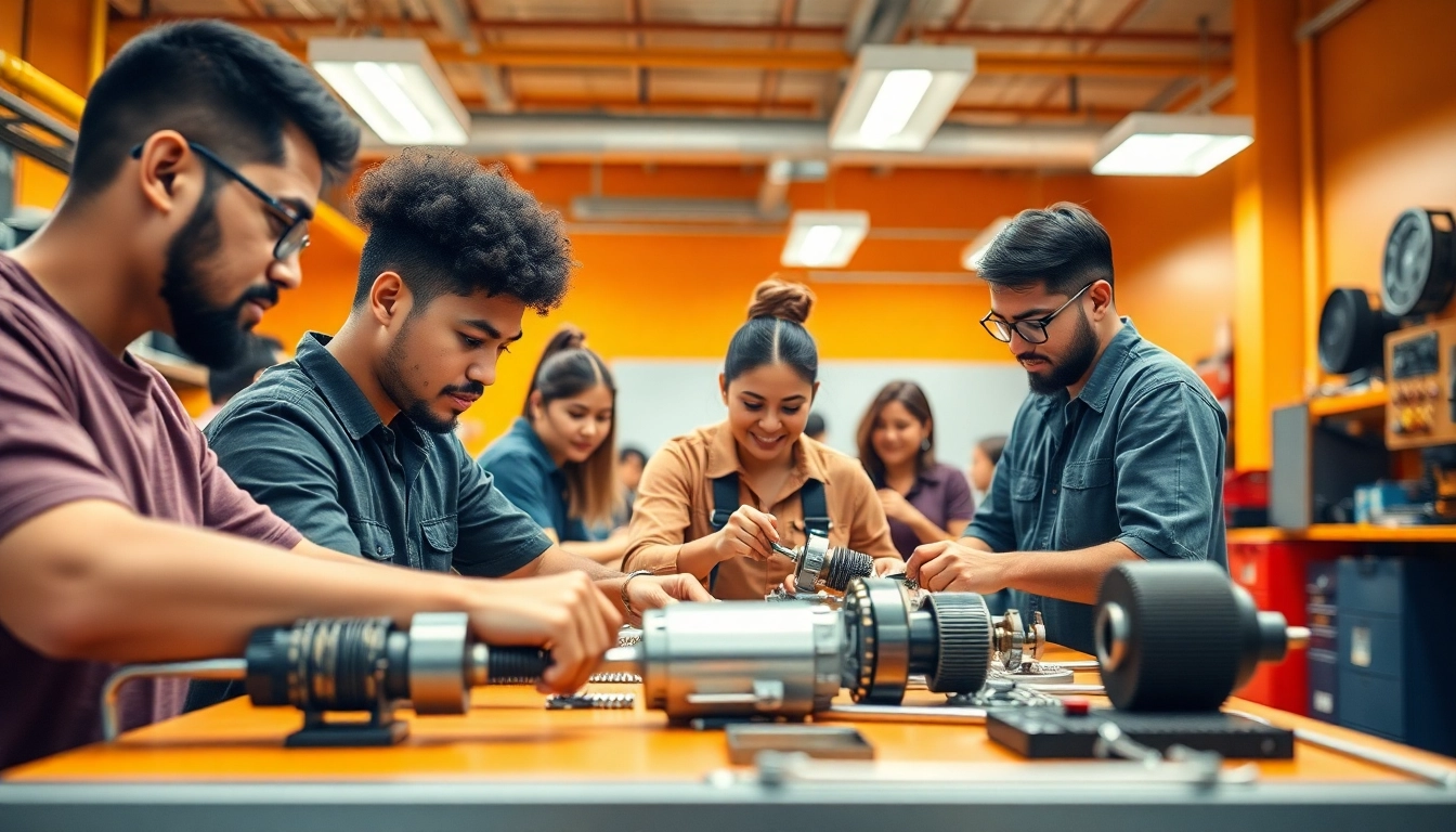 Engaged students at trade schools Oahu collaborating on practical projects in a vibrant classroom.