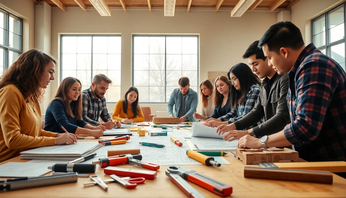 Students engaged in construction education Colorado workshop with diverse tools and plans.