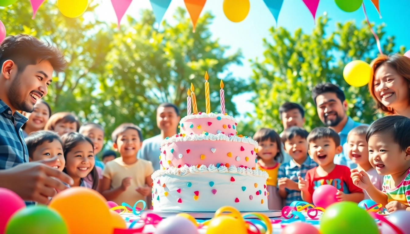 Celebrating a lively Singapore birthday party with a colorful cake and joyful guests.