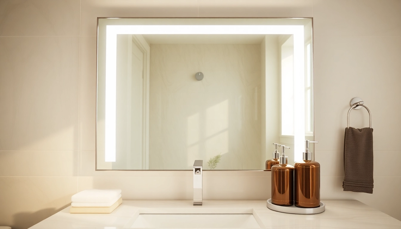 Stylish mirror with lights reflecting natural light in an elegant bathroom setting.