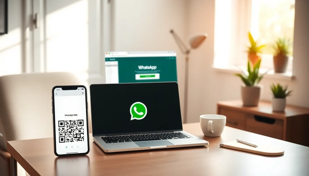 现代家庭办公环境中笔记本电脑上的 WhatsApp Web 界面。