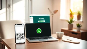 现代家庭办公环境中笔记本电脑上的 WhatsApp Web 界面。