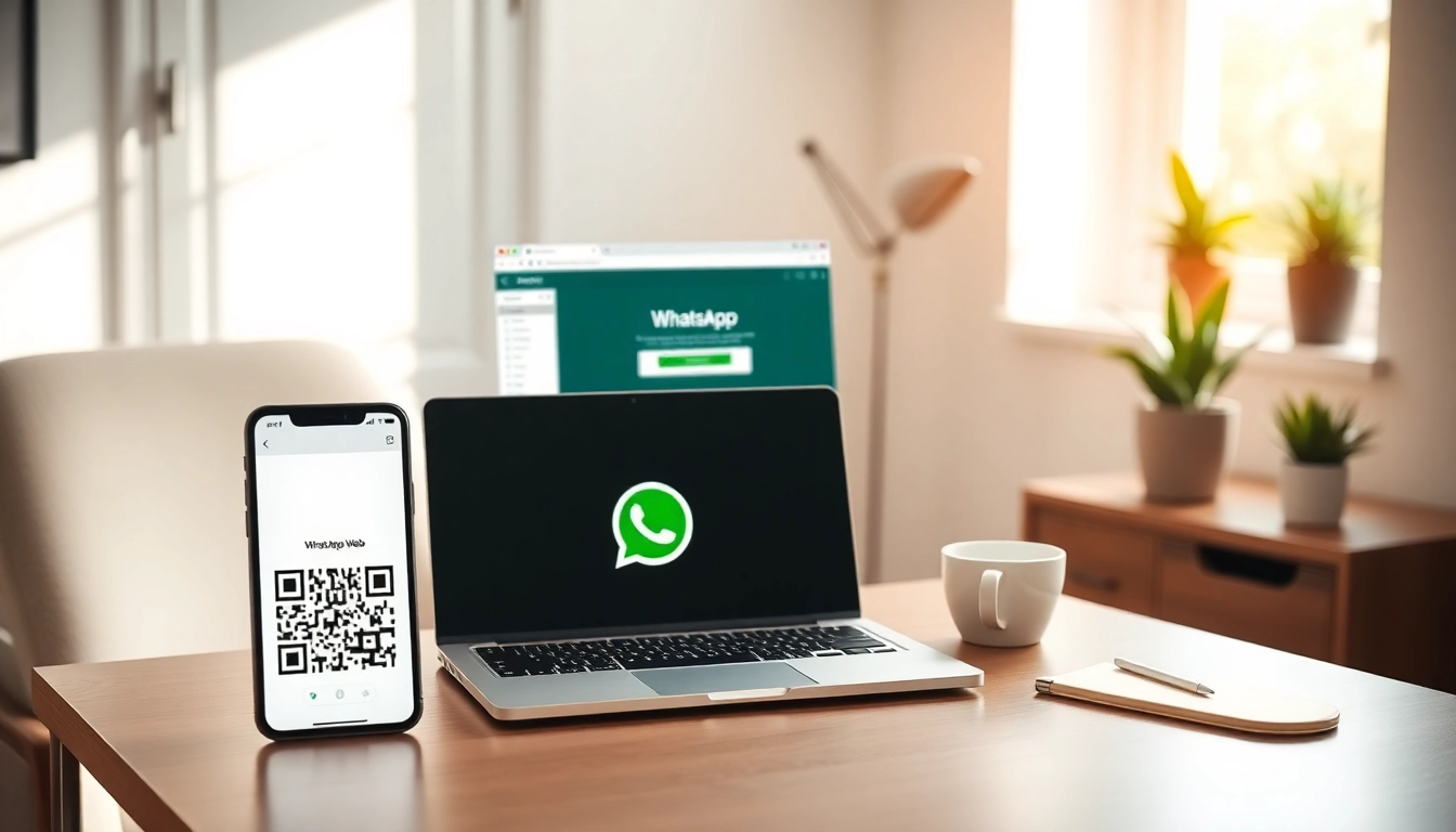 现代家庭办公环境中笔记本电脑上的 WhatsApp Web 界面。