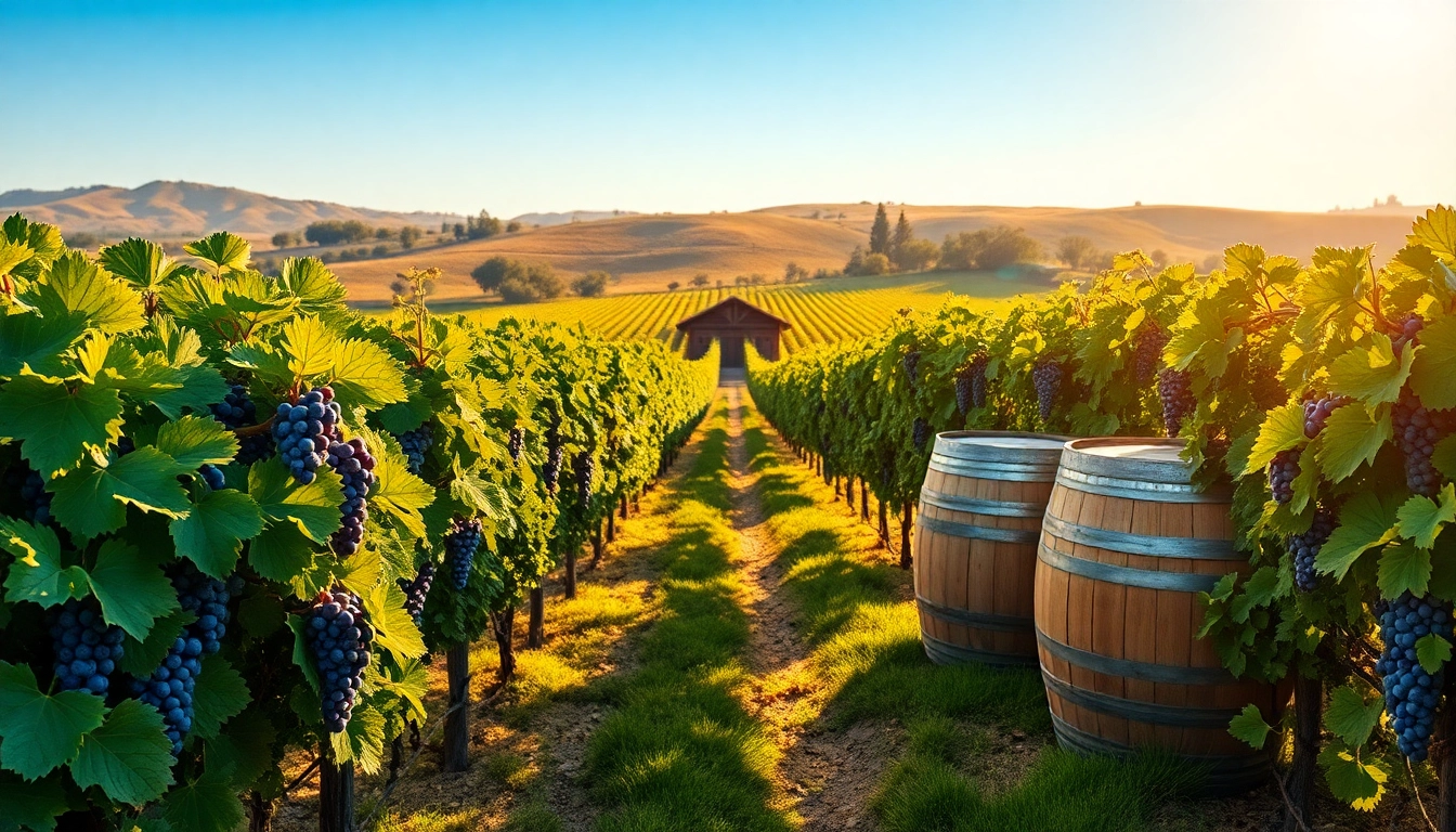 Savoring the landscape of Sacramento wineries with lush grapevines and rustic barrels in sunlight.
