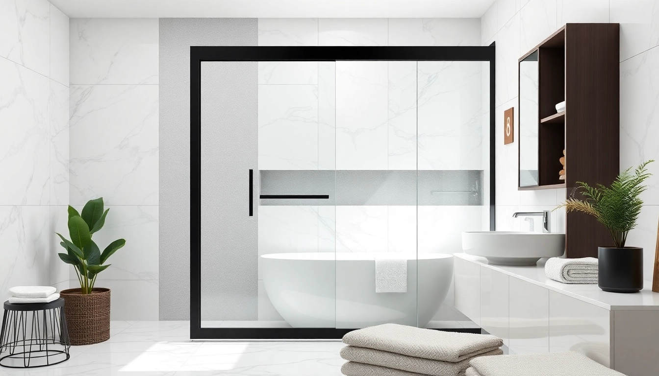 Shower door black frame with sleek design and natural light in a modern bathroom.