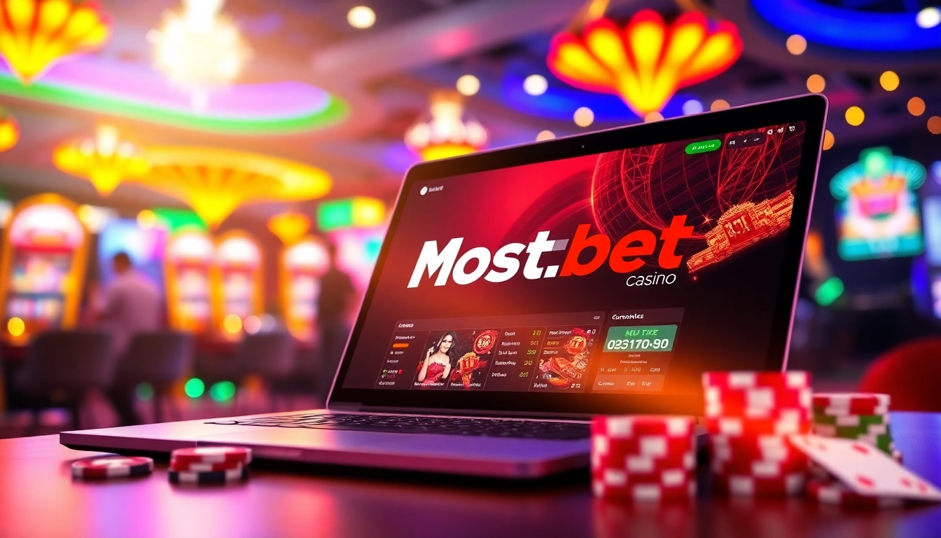 Mostbet on a laptop surrounded by casino elements, vibrant lights, and an energetic atmosphere.