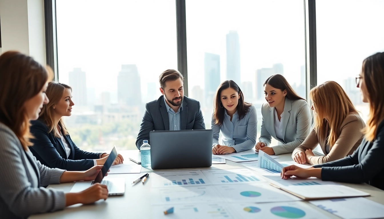 Team analyzing business growth insights during a meeting in a modern office.