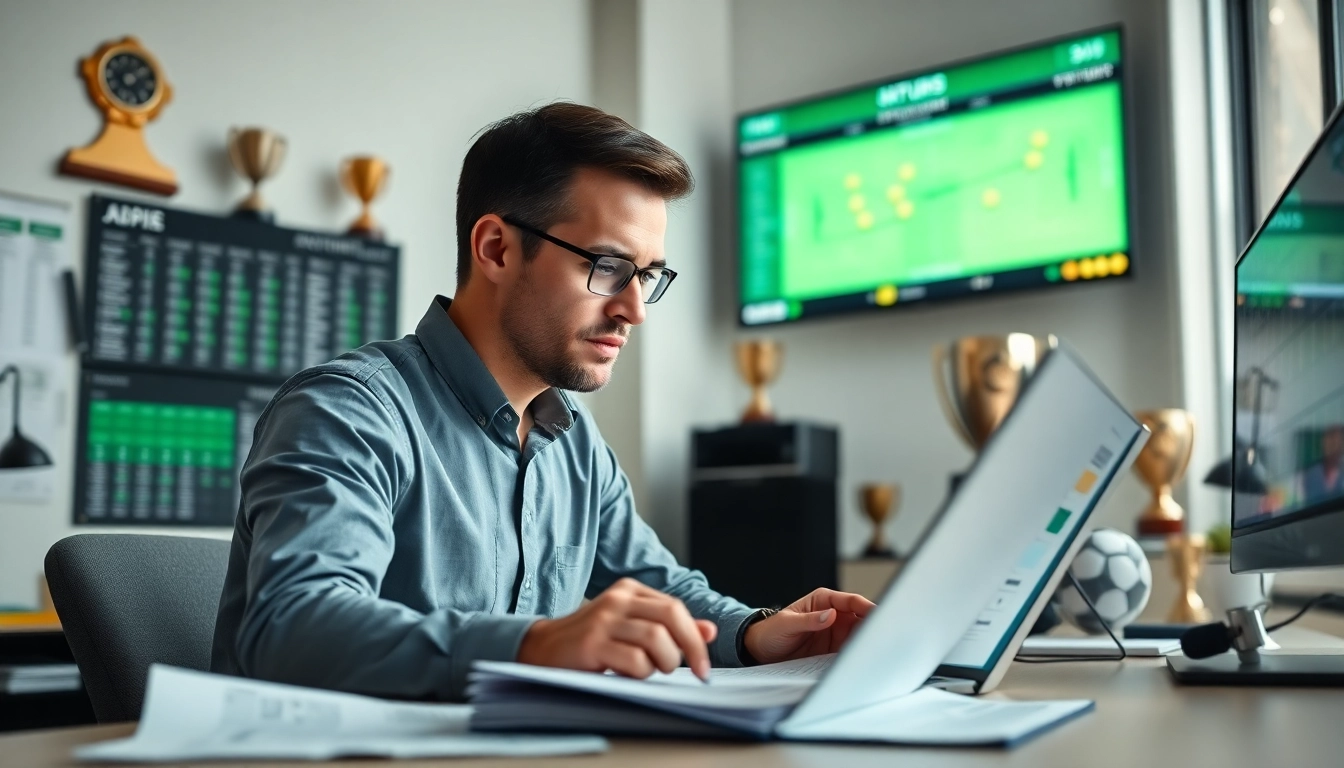 Analyze thscore data with a football analyst in a modern sports office environment.