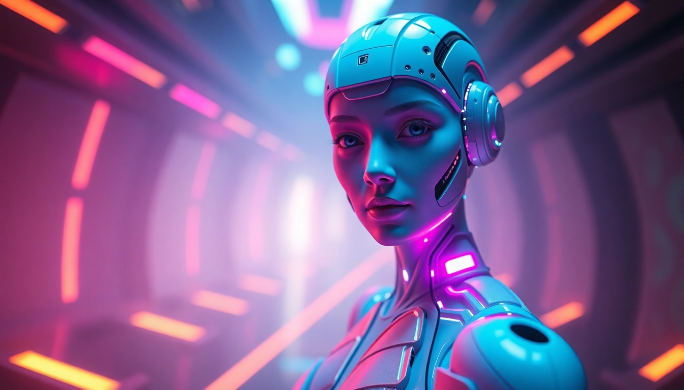 AI NSFW character in a vibrant futuristic setting, embodying digital creativity and playful intimacy.