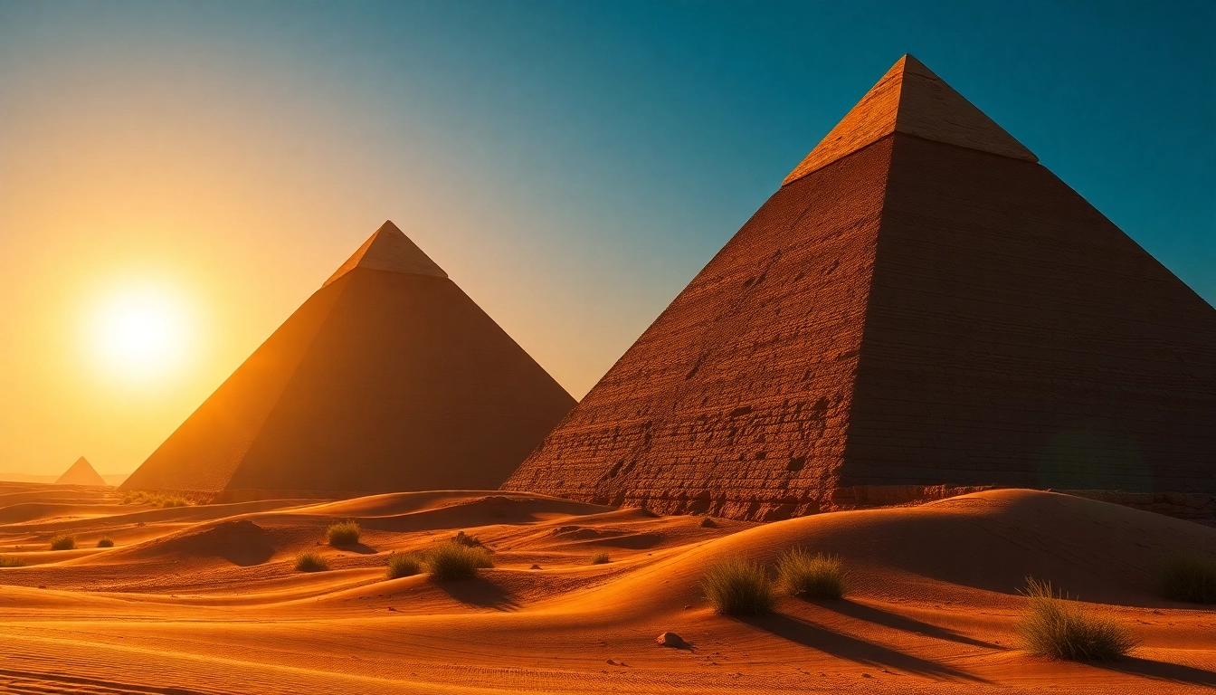 View magnificent piraminds glowing under a sunset in a tranquil desert landscape.