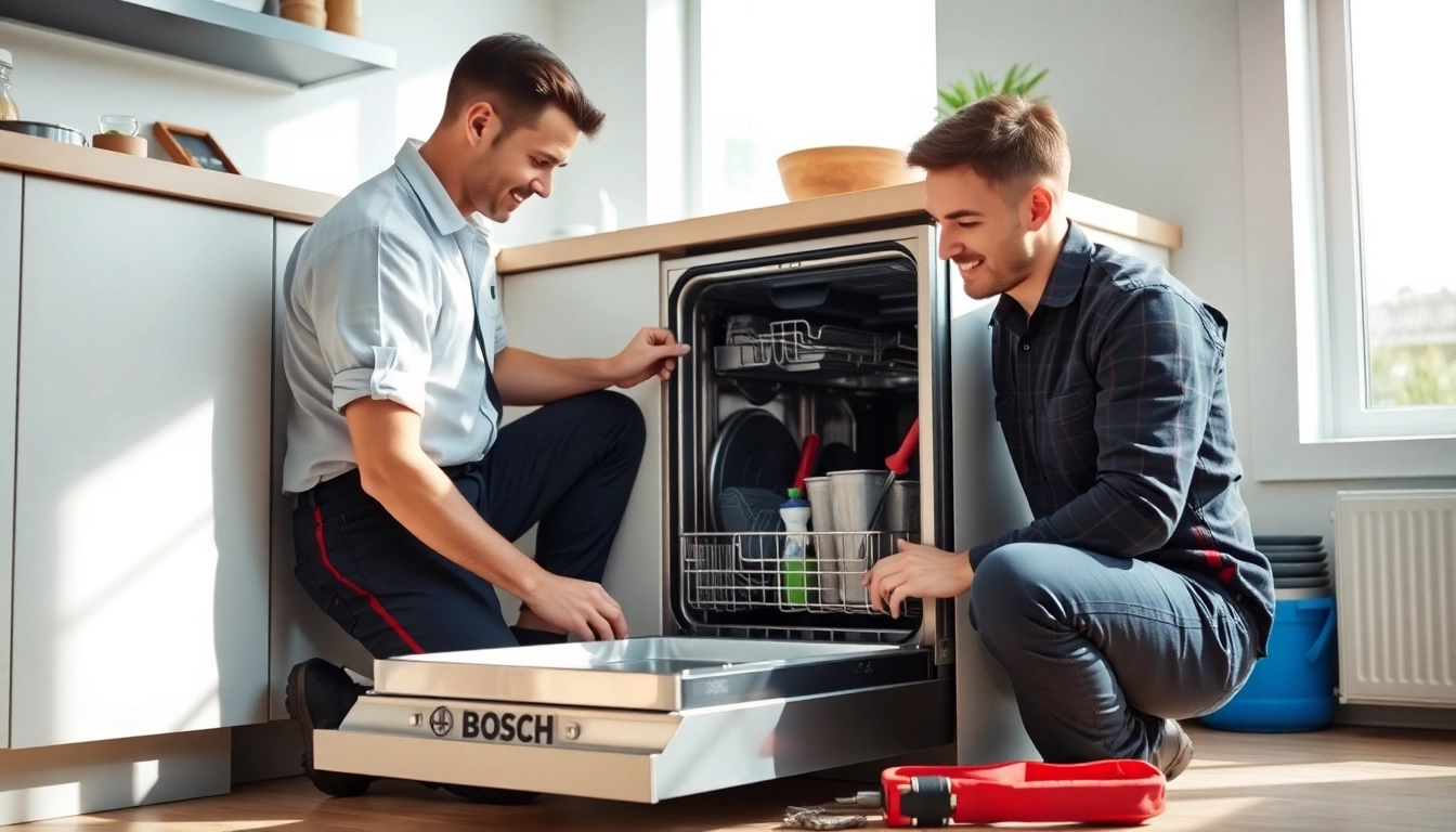 Expert conducting BOSCH dishwasher repair in a modern kitchen environment.