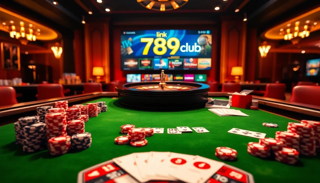 Experience the excitement of gambling at 789club with this vibrant casino scene featuring poker chips and cards.