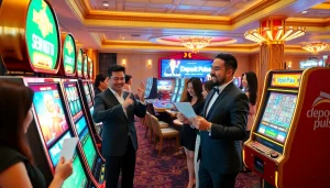 Rasakan aksi deposit pulsa slot yang mendebarkan di kasino mewah sambil para pemain menikmati mesin slot yang penuh warna.