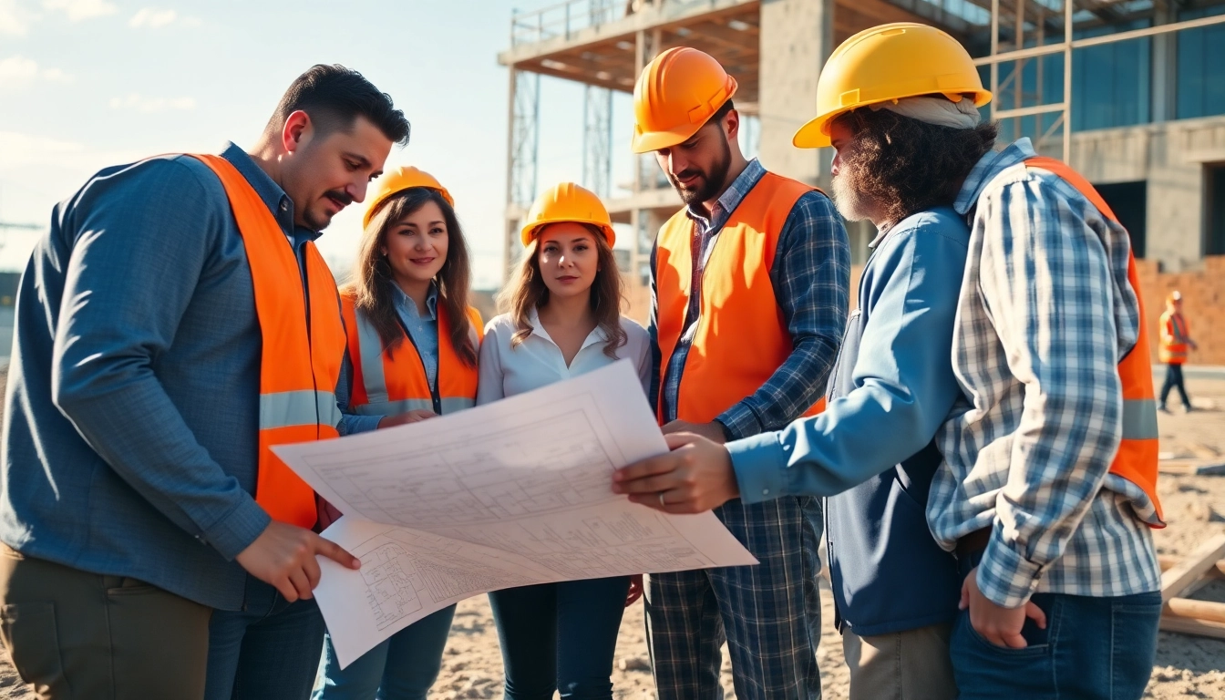 Team discussing nccer certification details at a construction site under bright daylight.
