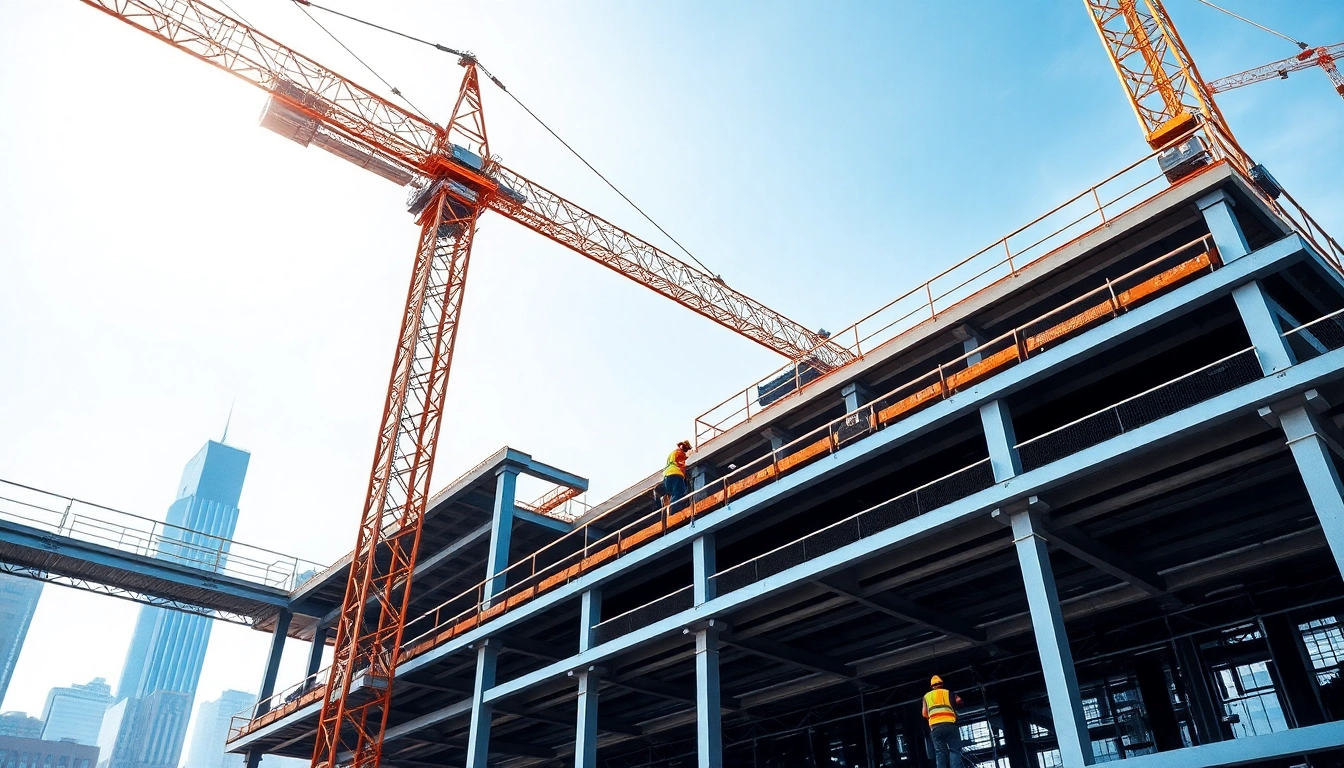Structural steel construction progress in an urban setting with cranes and workers.
