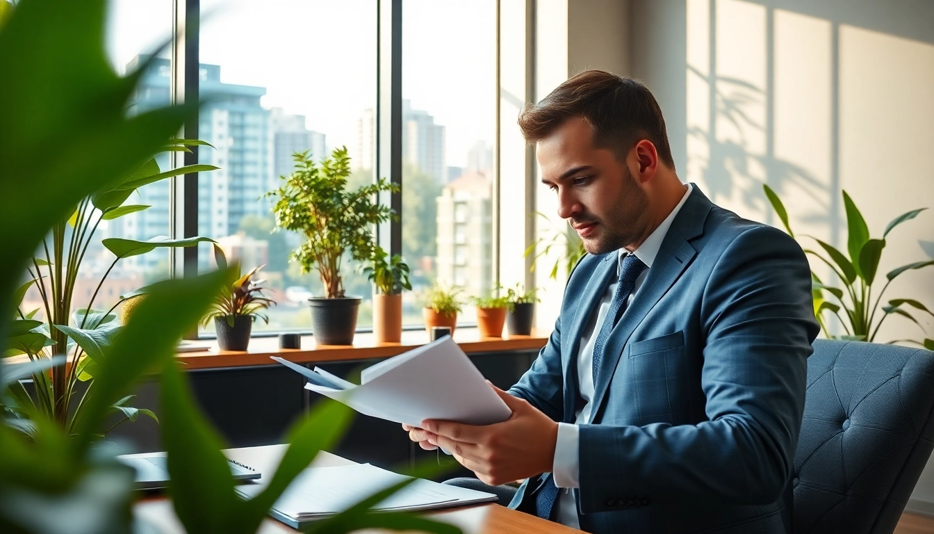 Environmental lawyer reviewing documents in an eco-friendly office setting with greenery.