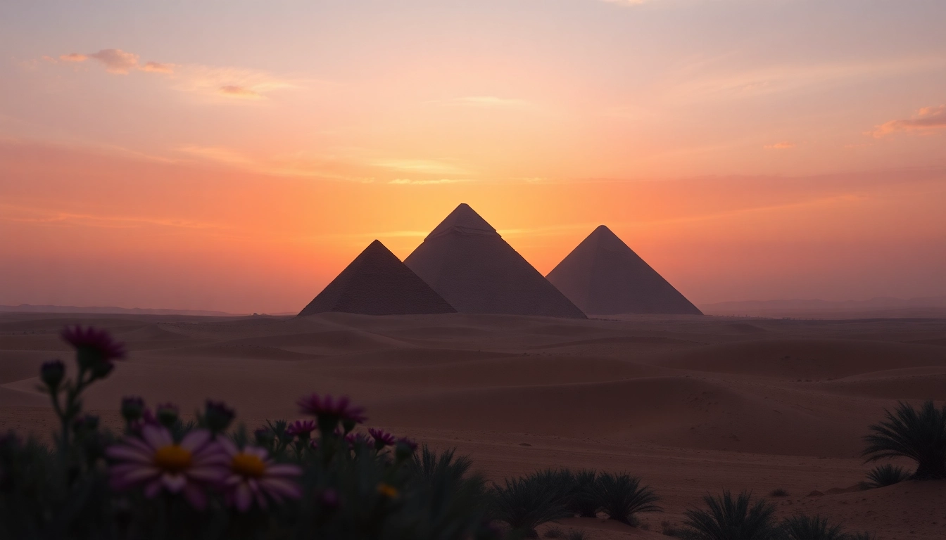 View of piraminds surrounded by a desert landscape at sunset, emphasizing their grandeur.