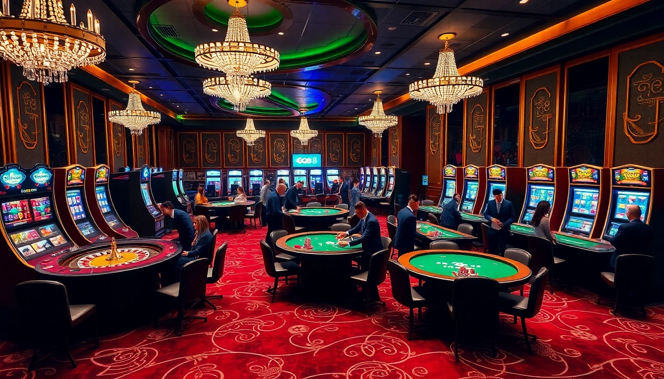 Action-packed casino scene featuring GO8 gaming tables filled with players and excitement.