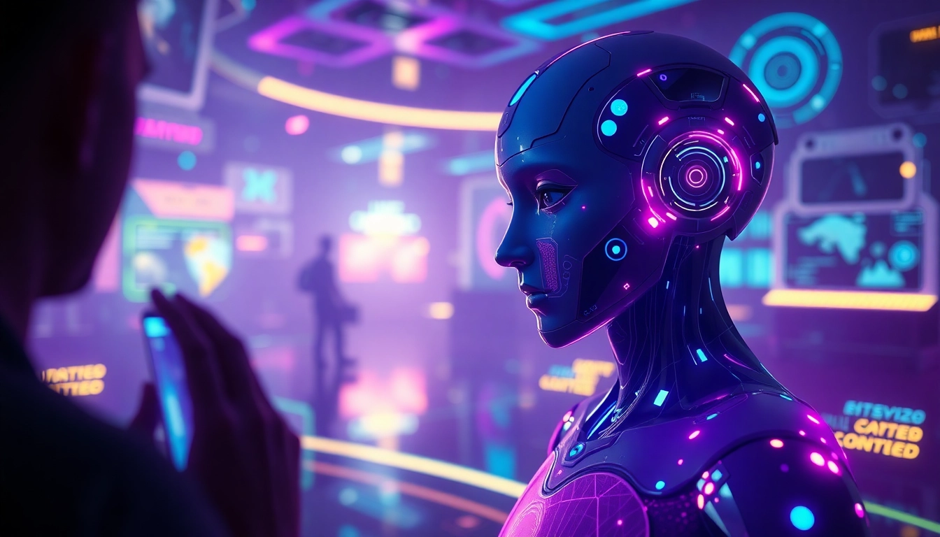 AI NSFW character interaction in a vibrant digital landscape showcasing advanced technology.