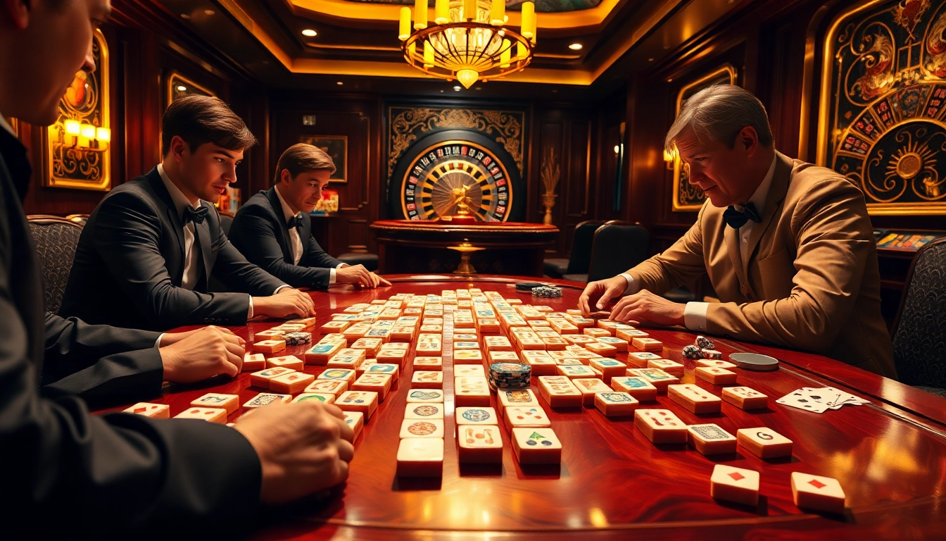 Link mahjong gameplay at a luxurious casino table with colorful tiles and engaged players.