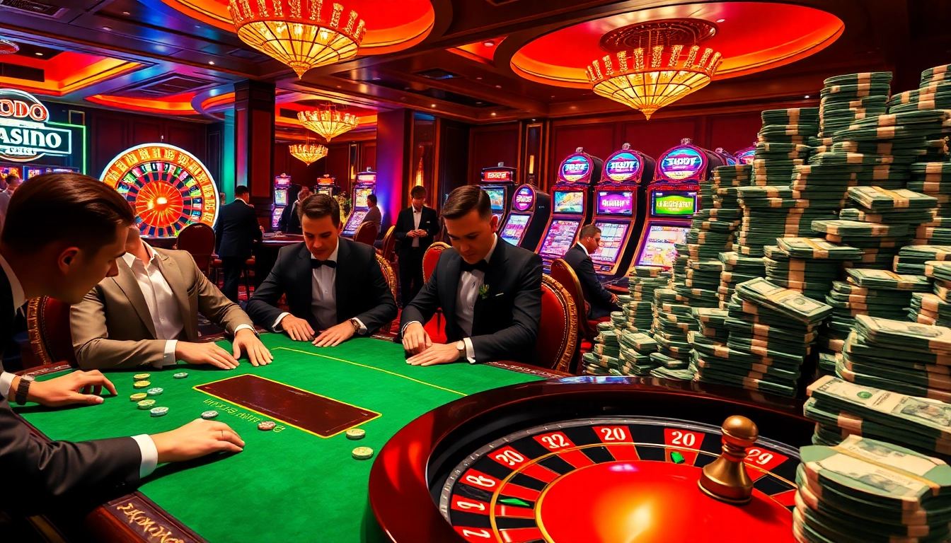 SODO CASINO players enjoying an exciting poker game with vibrant casino elements and luxurious ambiance.