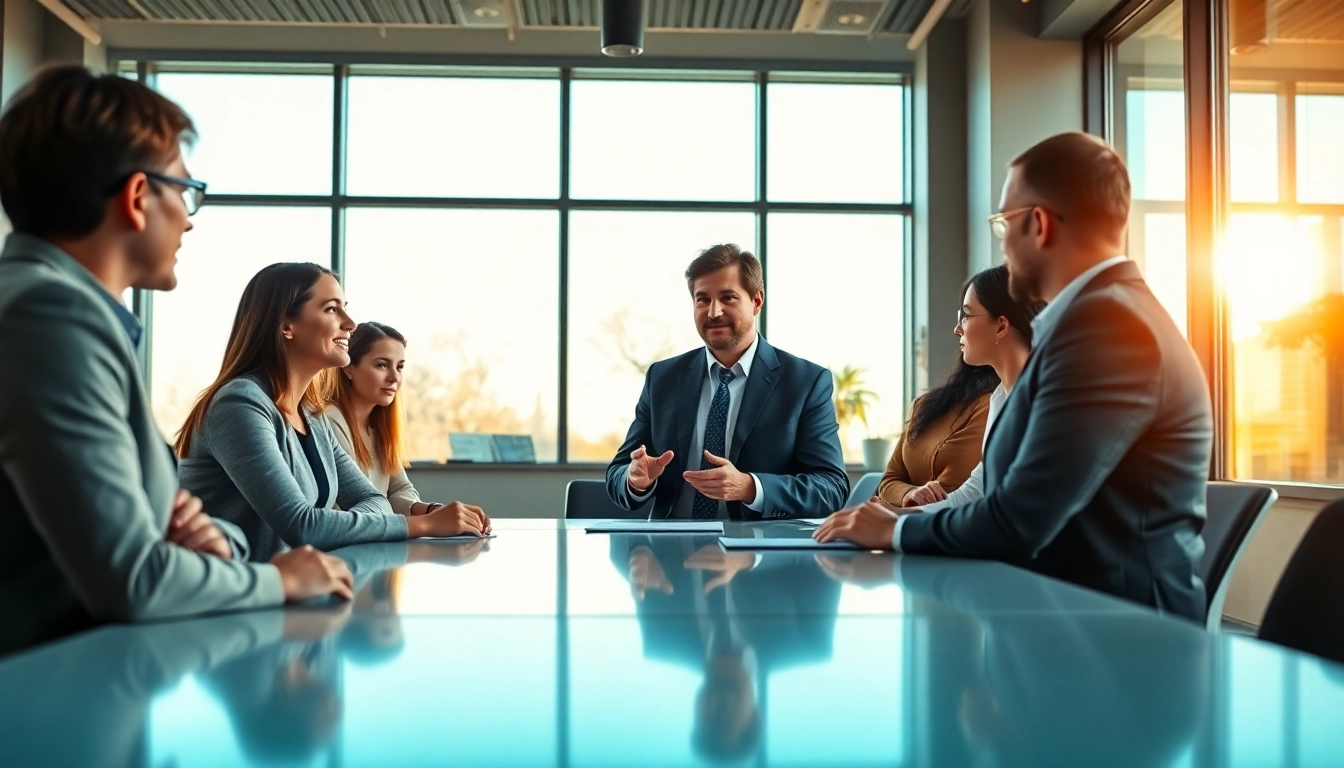 Showcasing founder leadership insights, a confident business leader engages with their diverse team in a modern office.