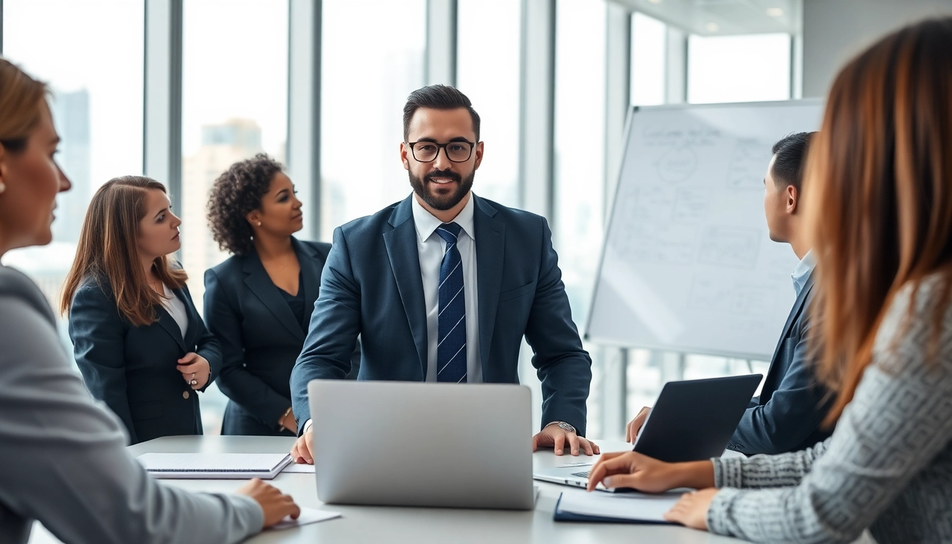 Crisis management consultant leading a strategic team meeting in a bright office environment.