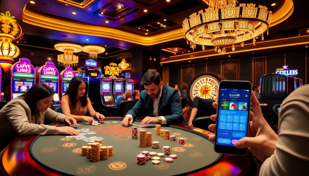 Engaging in Gopay88 Daftar at a luxurious casino with vibrant slot machines and intense players.