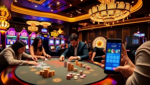 Engaging in Gopay88 Daftar at a luxurious casino with vibrant slot machines and intense players.