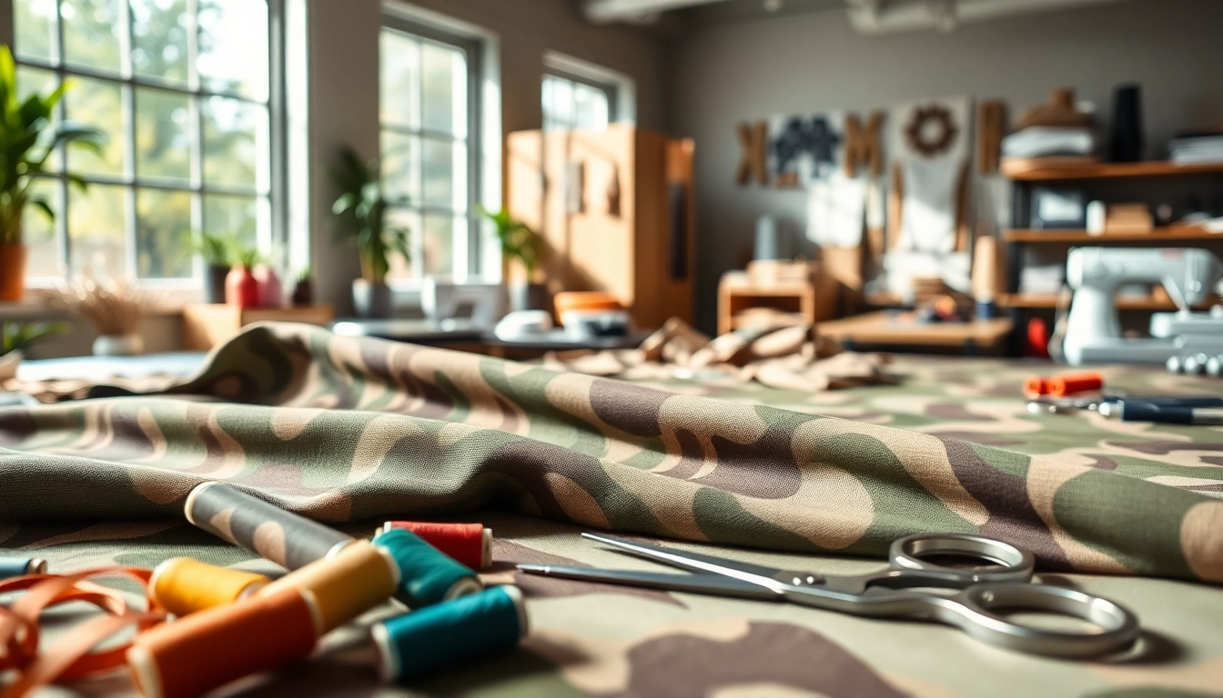 Bekijk de prachtige legerprint stof op deze stijlvolle ontwerptafel vol naaibenodigdheden.