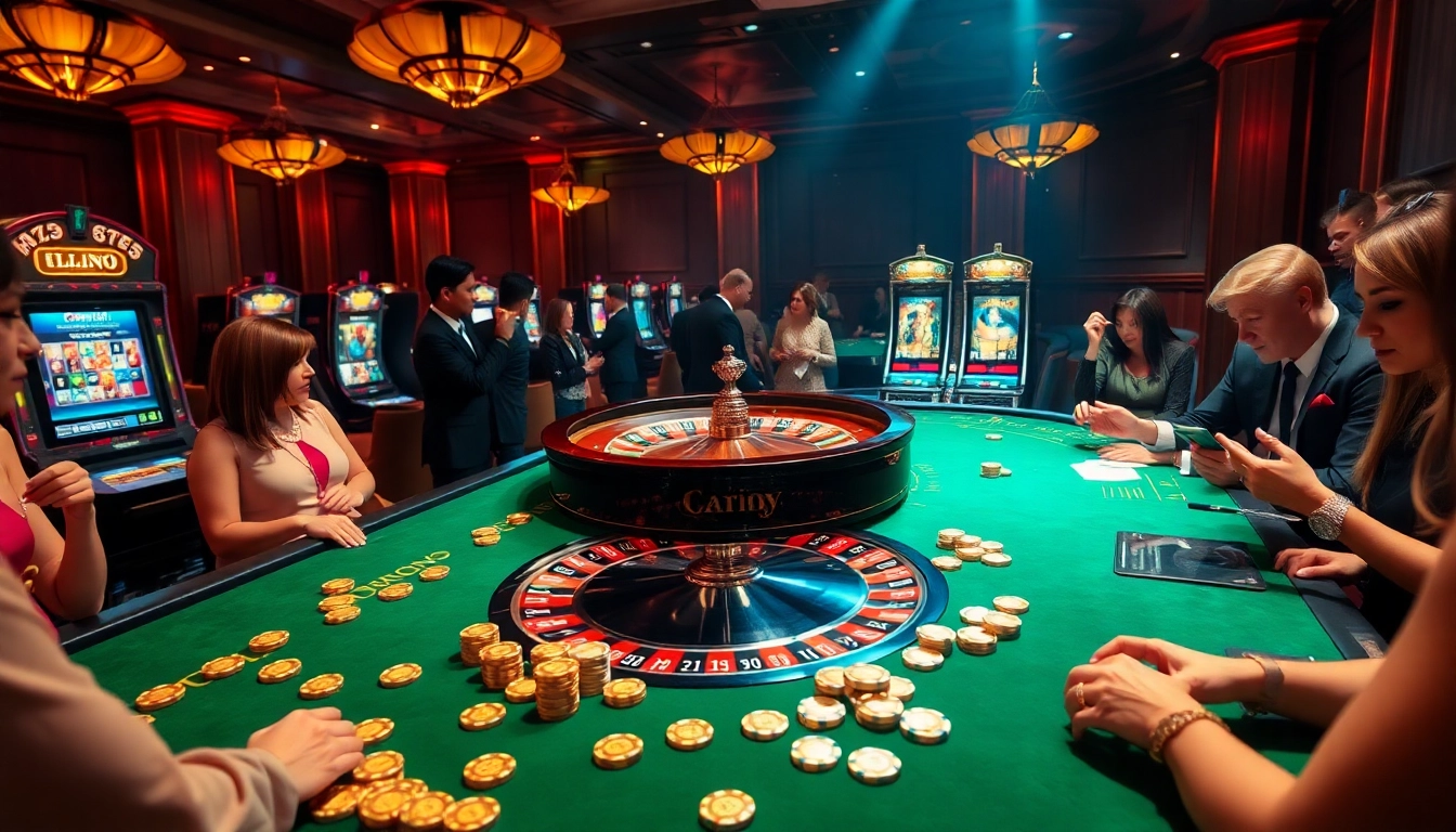 Joueurs engagés profitant d'une scène de casino en ligne vibrante avec une roulette et des jetons de poker.
