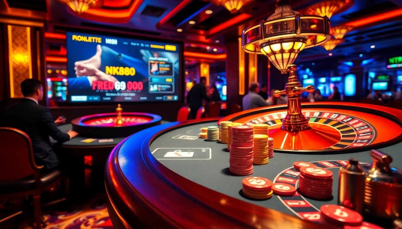 NK88 showcases exciting casino gameplay with vibrant chips and a spinning roulette wheel.