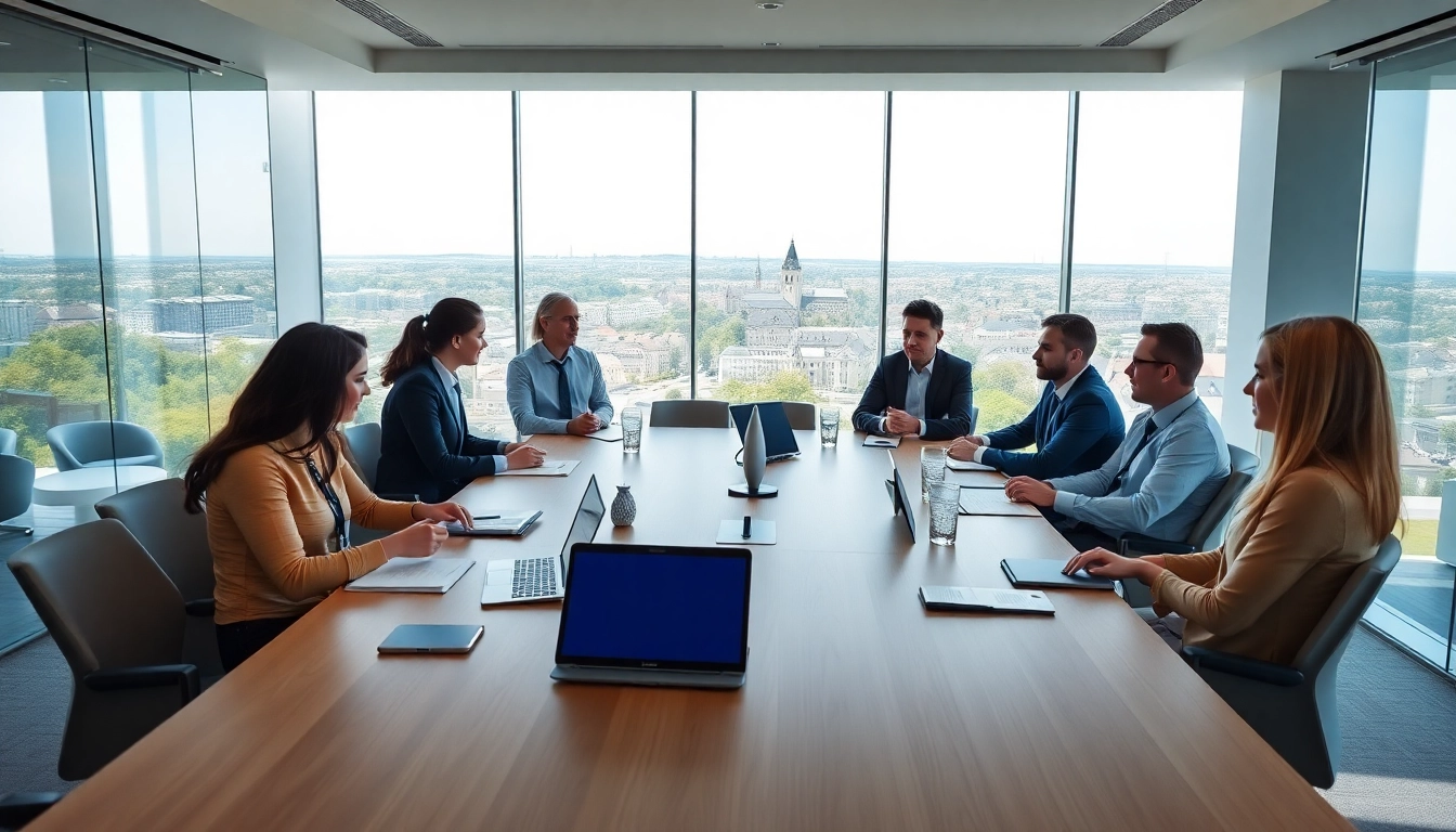 Engaging discussion about family holding Luxembourg among diverse professionals in a modern office.