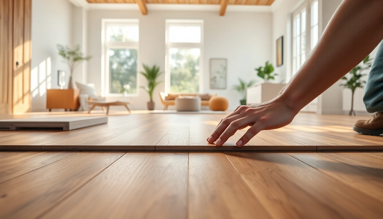 Show a professional installing laminate flooring, emphasizing quality and craftsmanship.