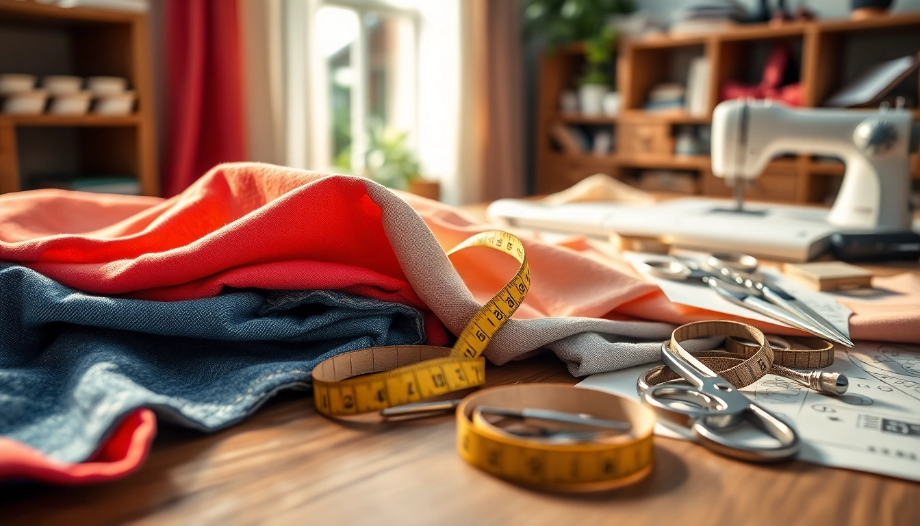 Sewing materials voor naaien beginners met kleurrijke stoffen en accessoires op een houten tafel.