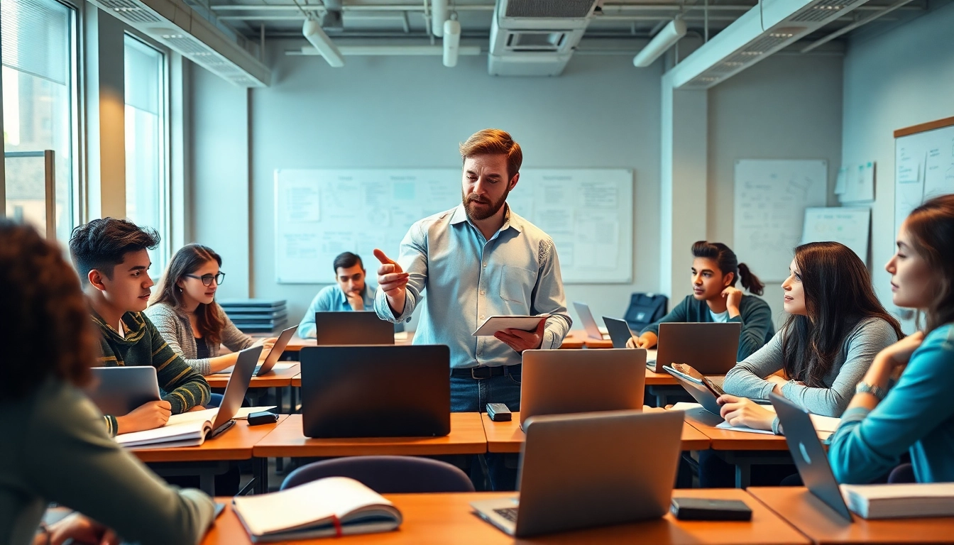 Engaging scene showcasing the exam assistance industry with a tutor and diverse students in a modern classroom.