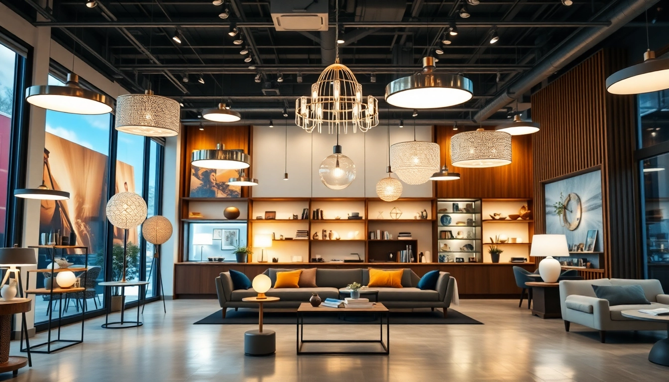 Shop ModernLighting with sleek fixtures in a stylish showroom, creating an inviting atmosphere for customers.