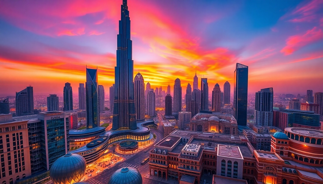 Unveil the Ultimate Dubai Guide with a stunning skyline view showcasing Burj Khalifa at sunset.