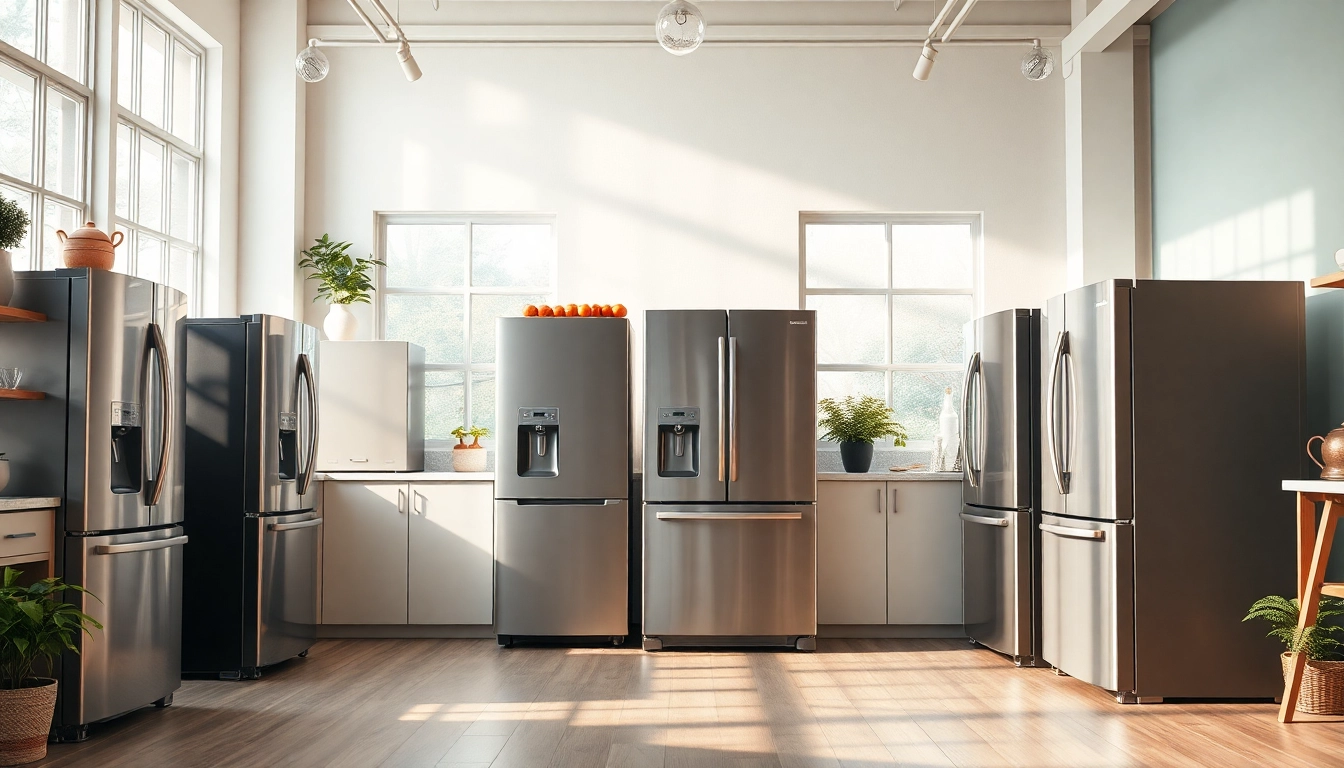 Highlighting refrigerator sales with a vibrant kitchen display of various models and styles.
