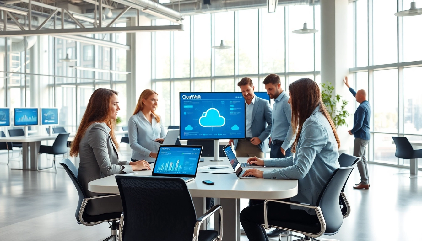 Illustration of CloudWalk Technology collaboration in a modern office setting, showcasing teamwork and innovation.